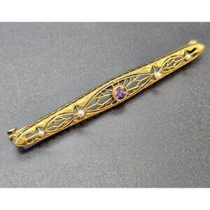 14K Gold Filigree Bar Pin Brooch With Amethyst & Seed Pearls HS303